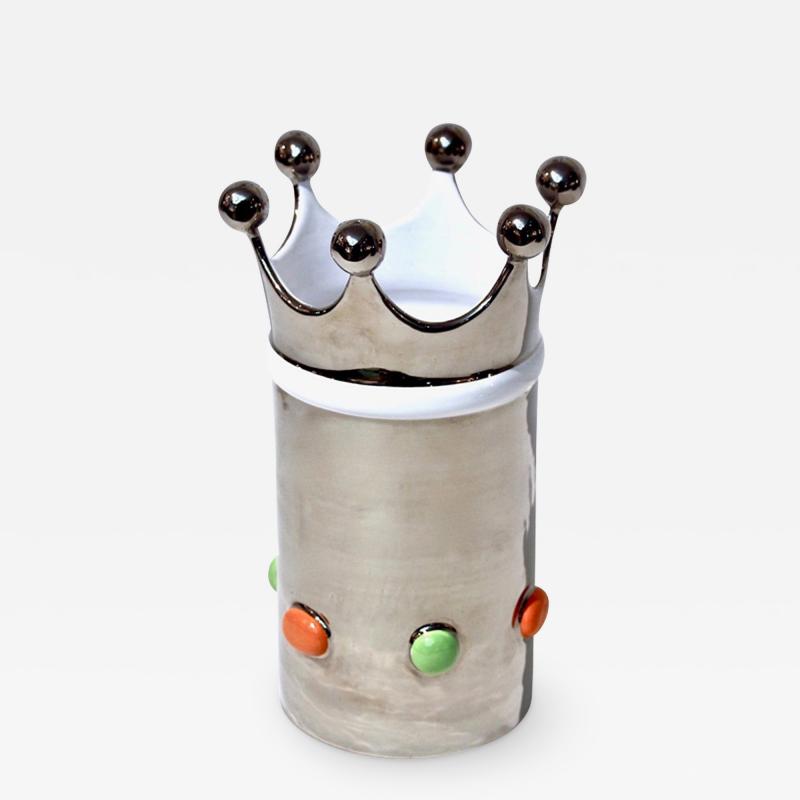 Italian Modern Silver Platinum White Majolica Crown Vase with Orange Green Dots