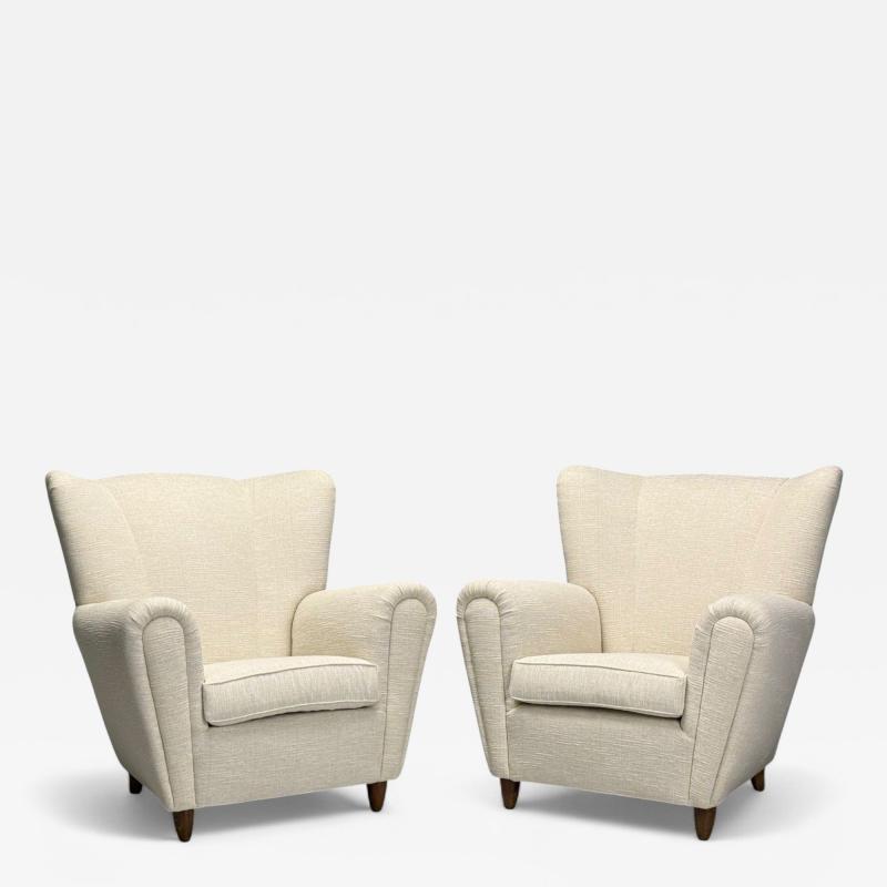 Italian Modern Stained Wood Beige Tweed Fabric Club Chairs Italy 1940s