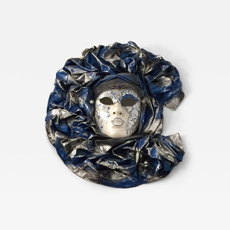 Italian Modern Venetian Carnival Handmade Silver White Blue Mask Flower Pleat