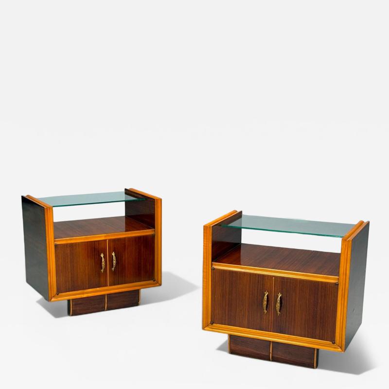 Italian Modern Wood Brass Glass Nightstands Italy 1950s