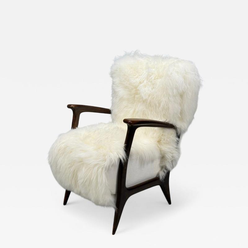 Italian Modern Wood White Shearling Lounge Chair 1950s