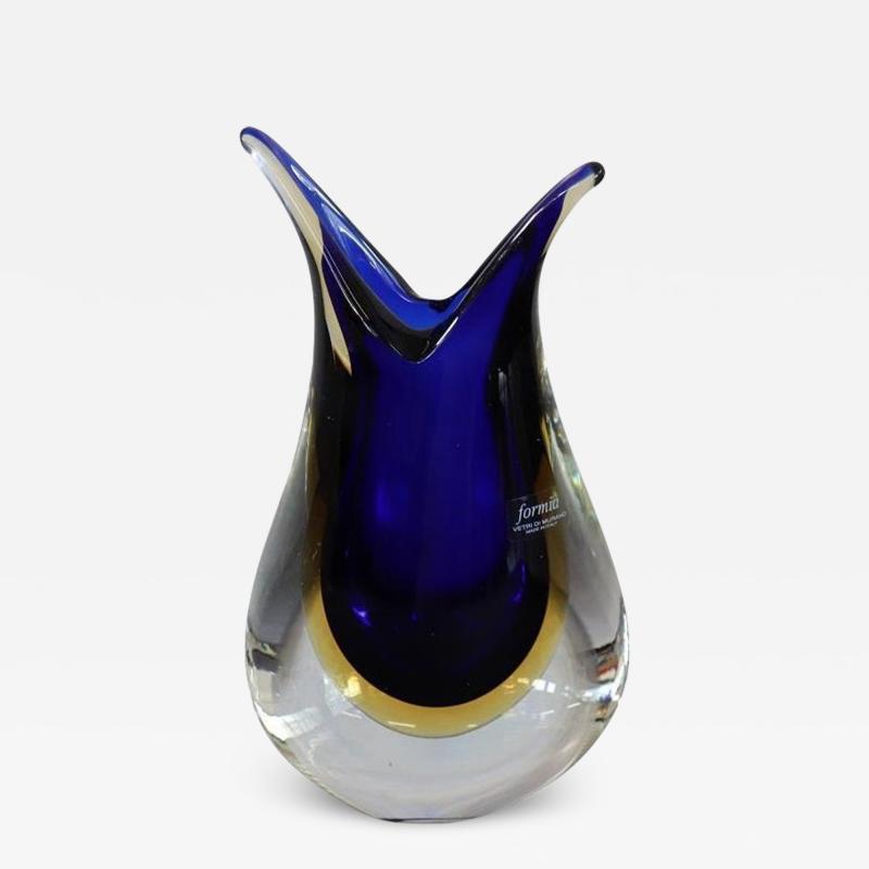 Italian Murano Art Glass Blue and Yellow Vase 1970s with Original Label