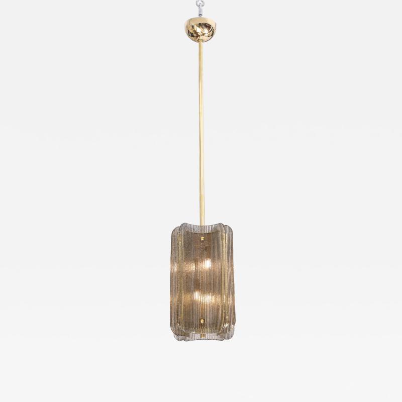 Italian Murano Glass Pendant Chandelier in Smoke Taupe Textured Glass and Brass