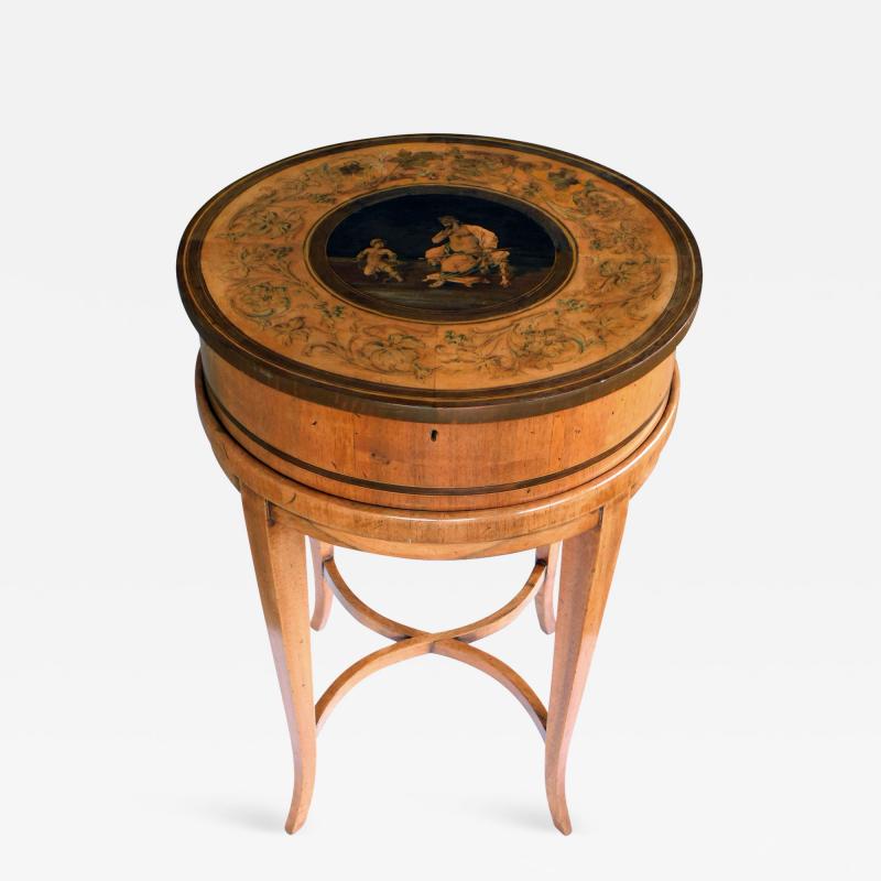 Italian Neoclassical Fruitwood Inlaid Cylindrical Sewing Box on Stand