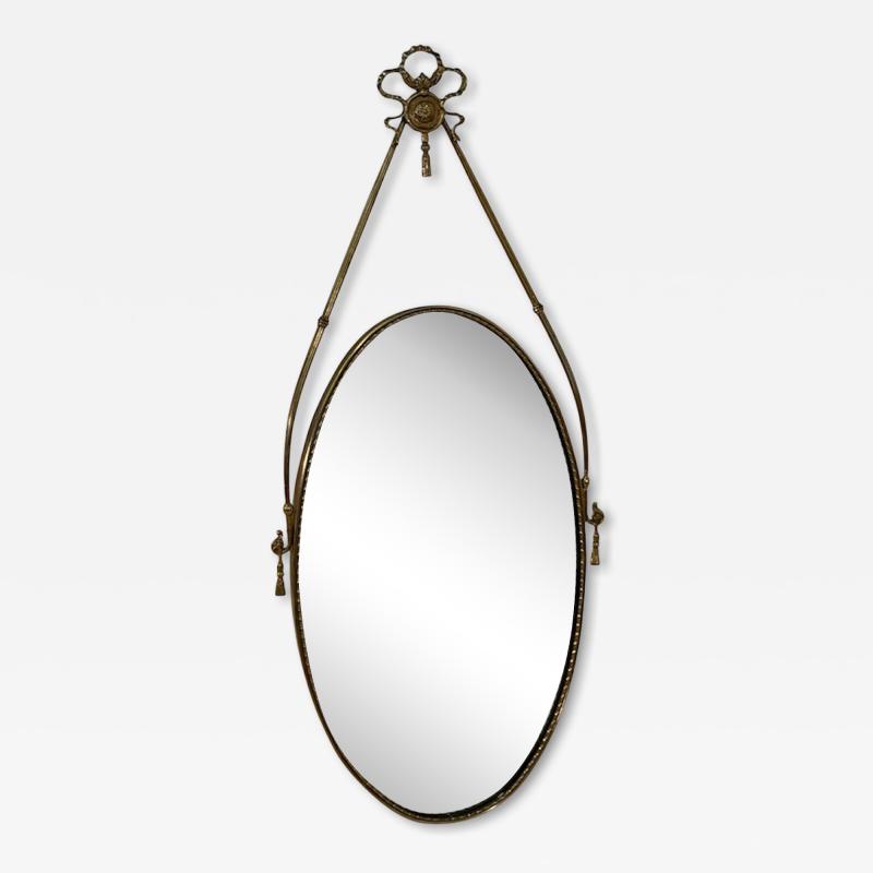 Italian Neoclassical Oval Mirror with Brass Ribbon and Tassel Detailing 1950s