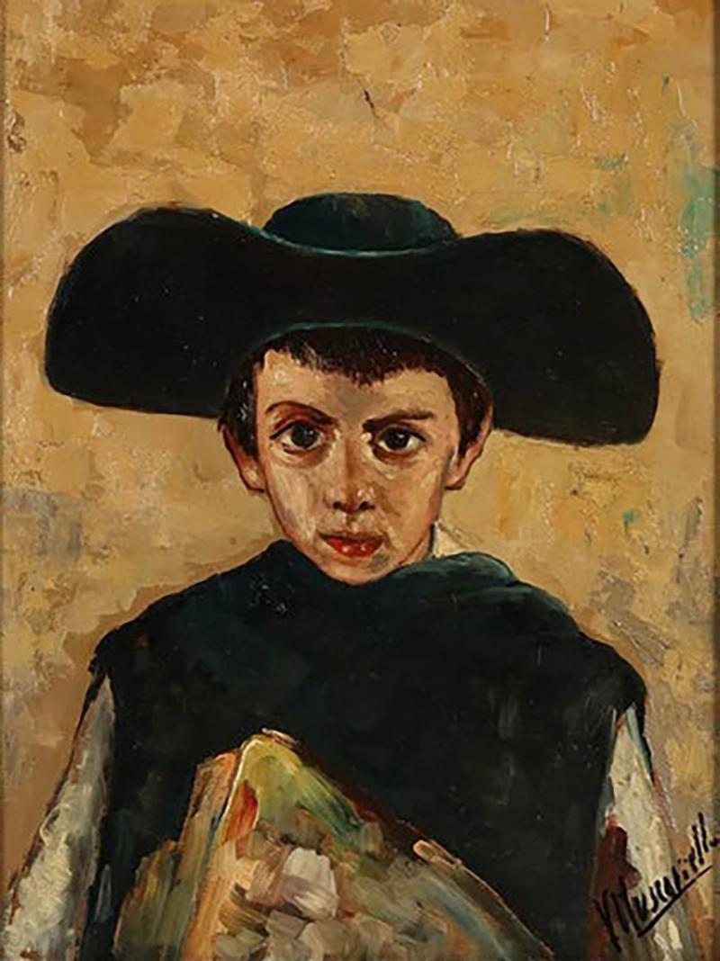 Italian Oil Painting Portrait of Young Boy With Hat