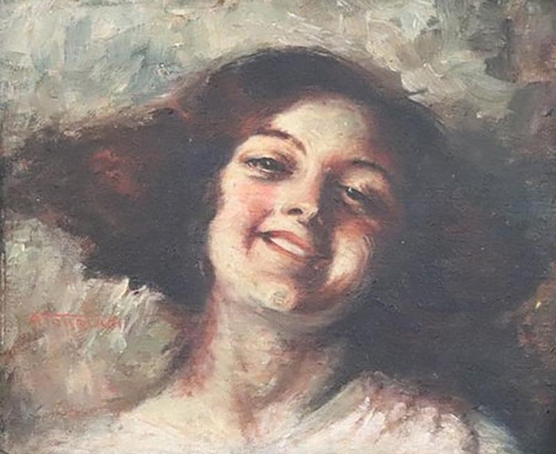 Italian Oil Painting on Board by A Torriani Portrait of a Girl 1910s