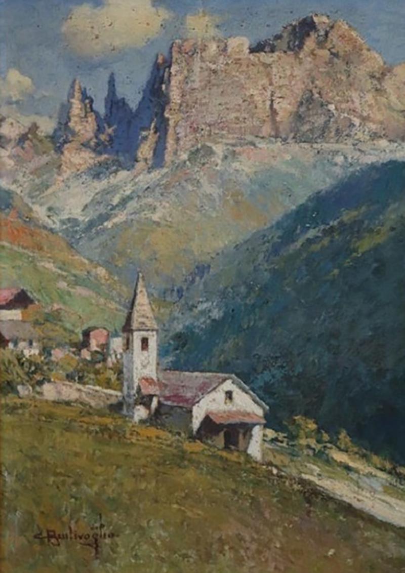 Italian Oil Painting on Canvas Cesare Bentivoglio Mountain Landscape with Church