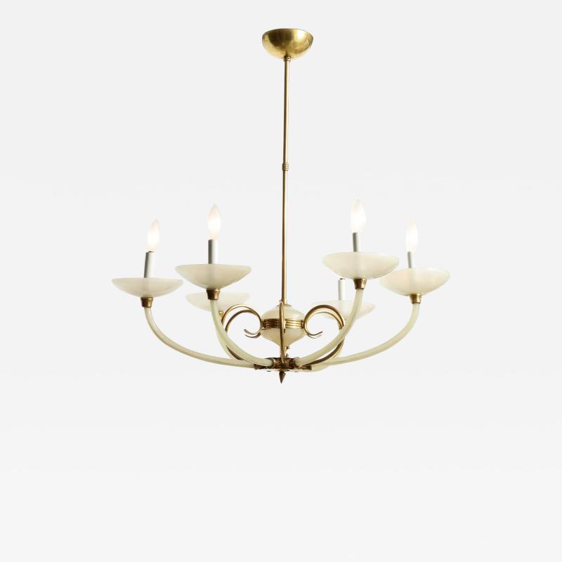 Italian Opaline Glass and Brass Six Arm Chandelier Italy circa 1950