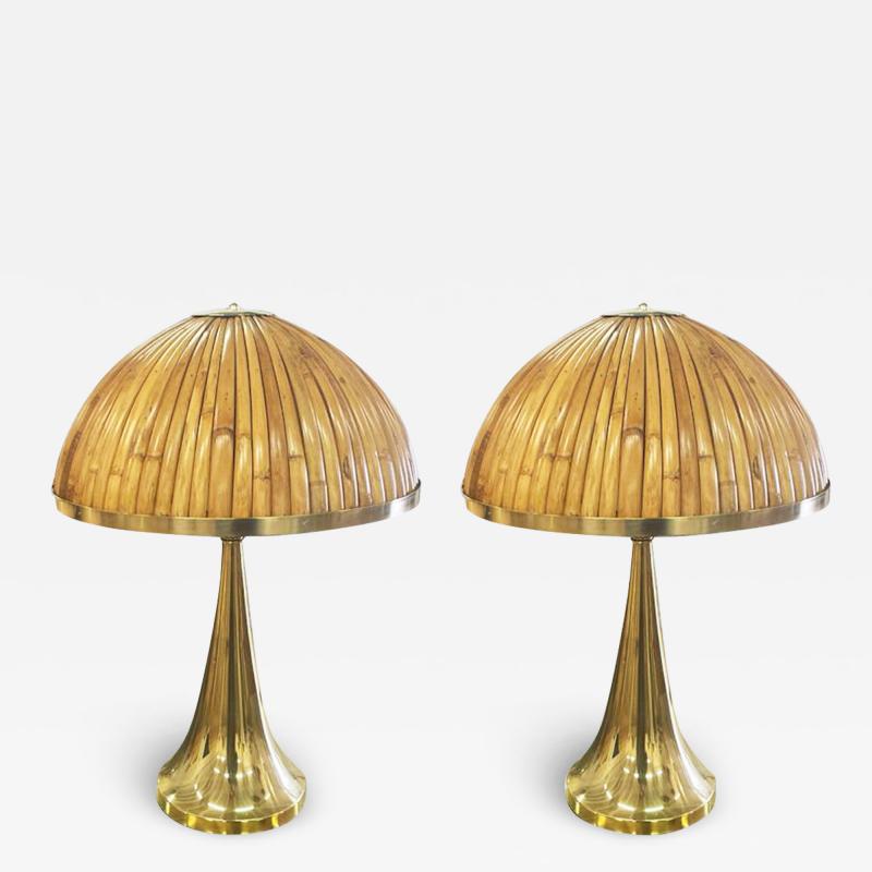 Italian Organic Modern Contemporary Pair Tall Brass Rattan Sleek Table Lamps