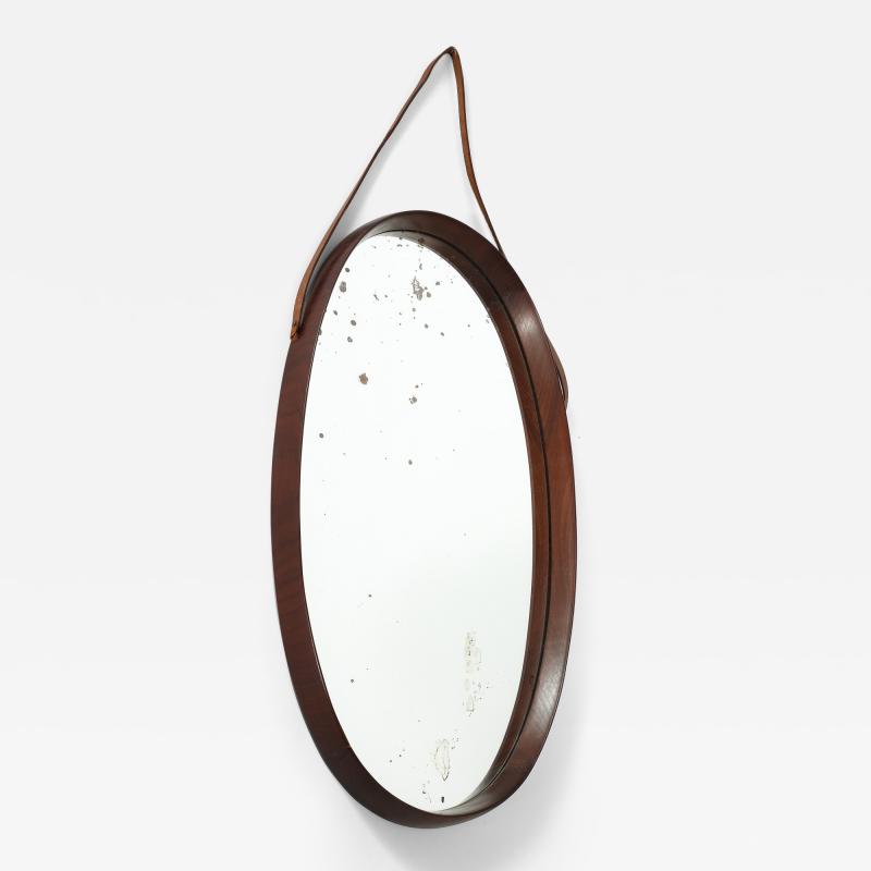 Italian Oval Teak Wall Mirror with Leather Strap Italy circa 1950