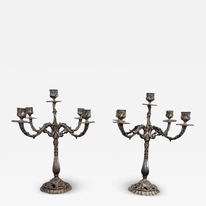 Italian Pair of 5 arm Silvered Metal Candlesticks