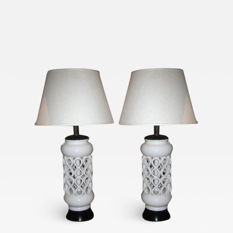 Italian Pair of Pierced Ceramic Table Lamps