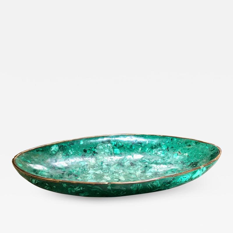 Italian Polished Green Marble Oval High Sided Brass Bowl 1960s
