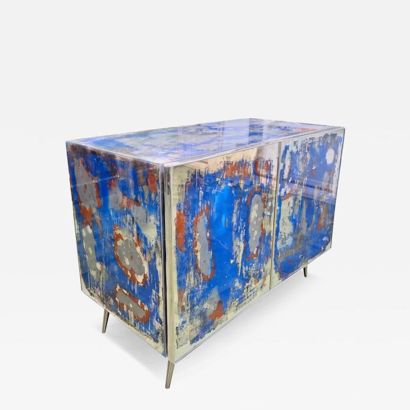 Italian Post Modern Abstract Art Blue Terracotta Brown Steel Mirrored Cabinet