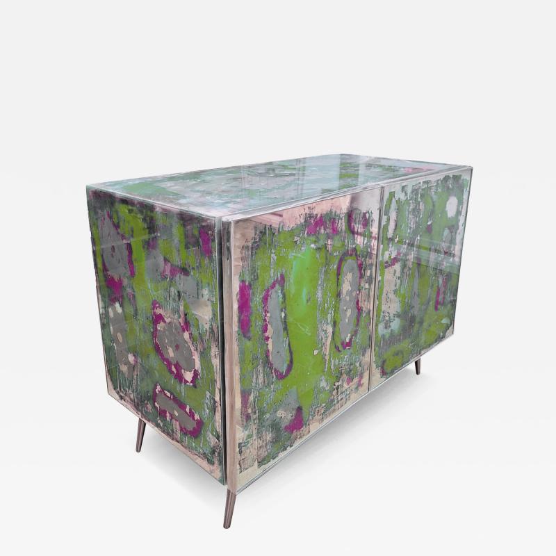 Italian Post Modern Abstract Art Green Purple Steel Mirrored Cabinet