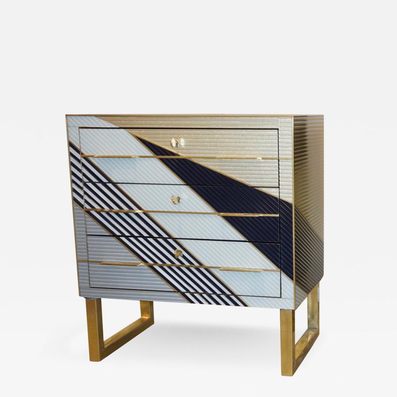 Italian Postmodern Navy Blue Cream Gold Gray Chest Nightstand on Brass Legs