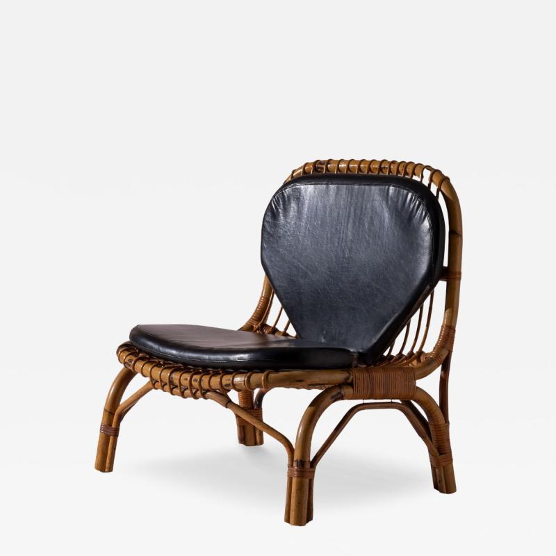 Italian Rattan and Bamboo Lounge Chair with Black Leather Cushion 1960s