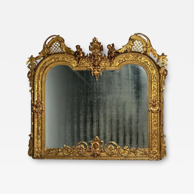 Italian Renaissance Style Over the Mantle Wall Mirror Oil Gilded Monumental
