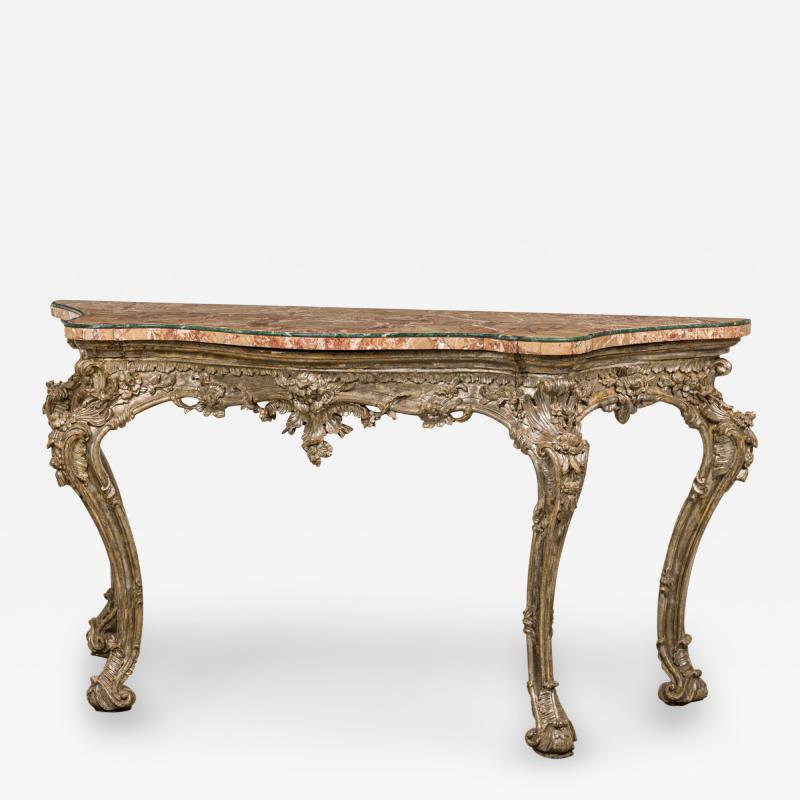 Italian Rococo Carved Silver Gilt and Blush and Green Marble Top Console Table