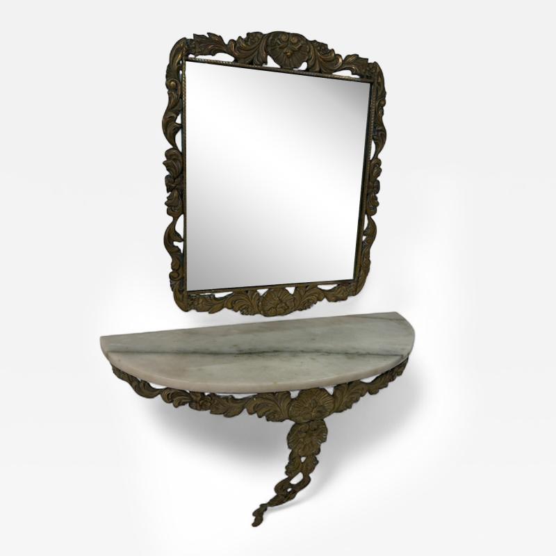 Italian Rococo Revival Mirror and Console Set with Marble Top 1950s