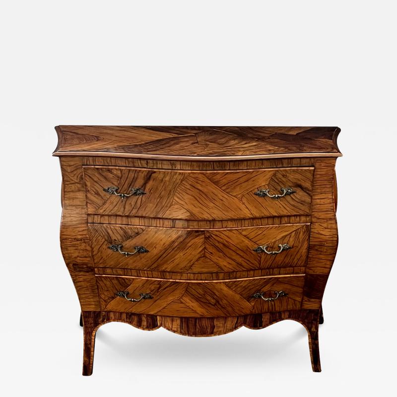 Italian Rococo Style Bomb form Olivewood Veneer 3 Drawer Chest