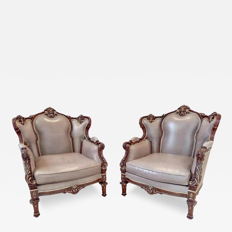 Italian Rococo Style Carved Wood Bergere chair with Leather upholstery a Pair