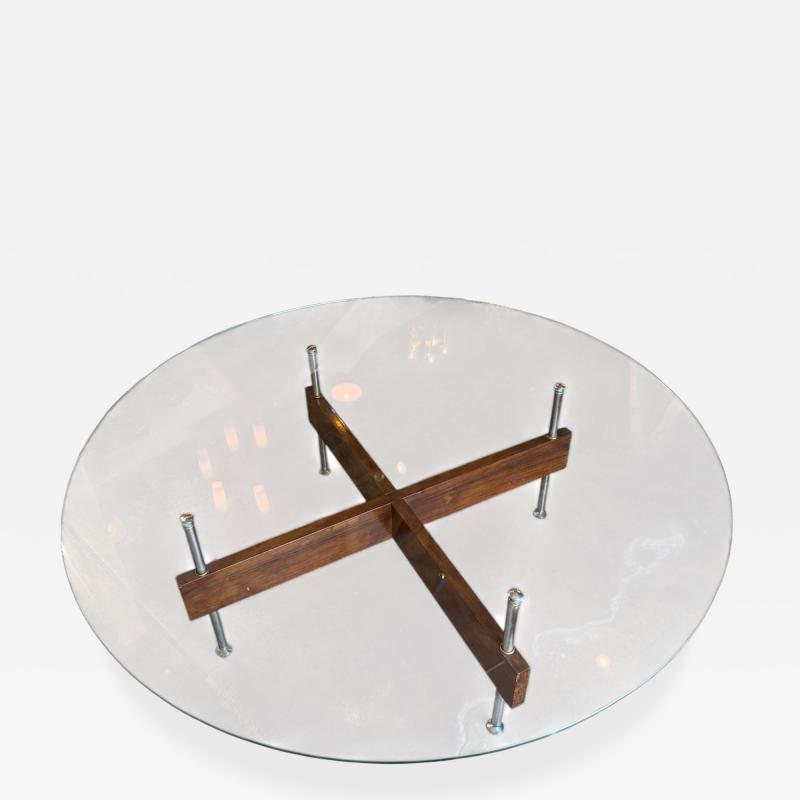 Italian Round Glass Coffee Table with Wood X Base