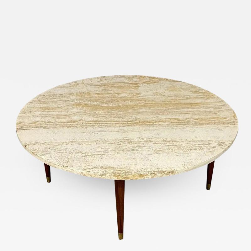 Italian Round Travertine Coffee Table with Walnut Legs and Brass CAP Mid Century