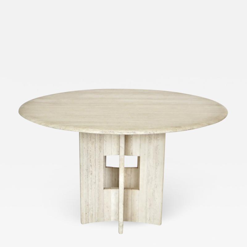 Italian Round Travertine Marble Dining Table with Sculptural Architectural Base