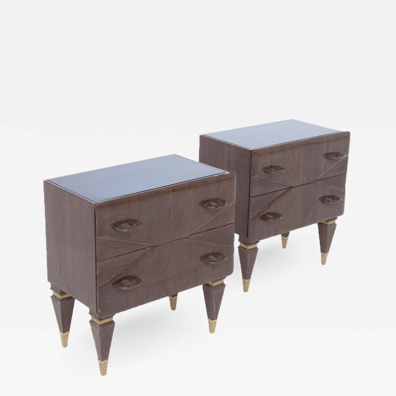 Italian School Mid Century Italian Vintage Nightstands in Wood and Blue Glass