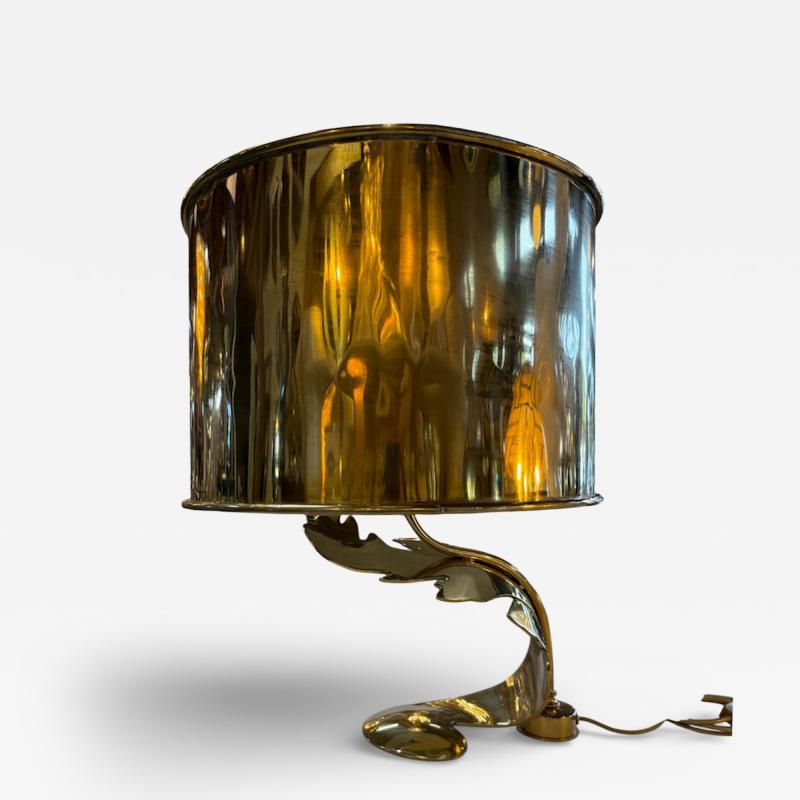 Italian Sculptural Brass Table Lamp with Cylindrical Shade 1970s