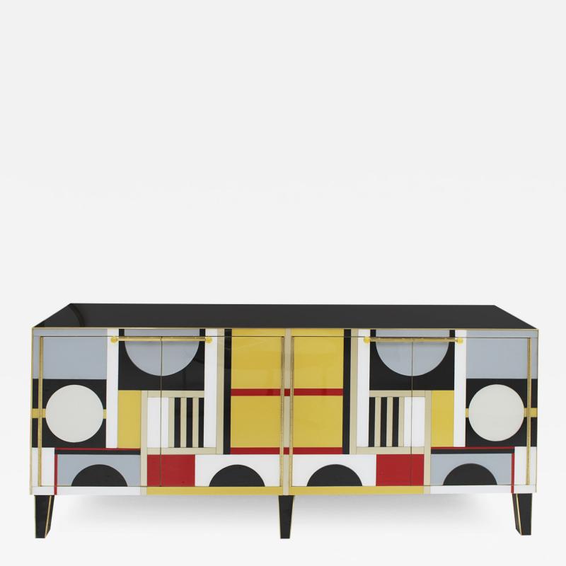 Italian Sideboard Made of Solid Wood and Covered In Colored Glass 1950s