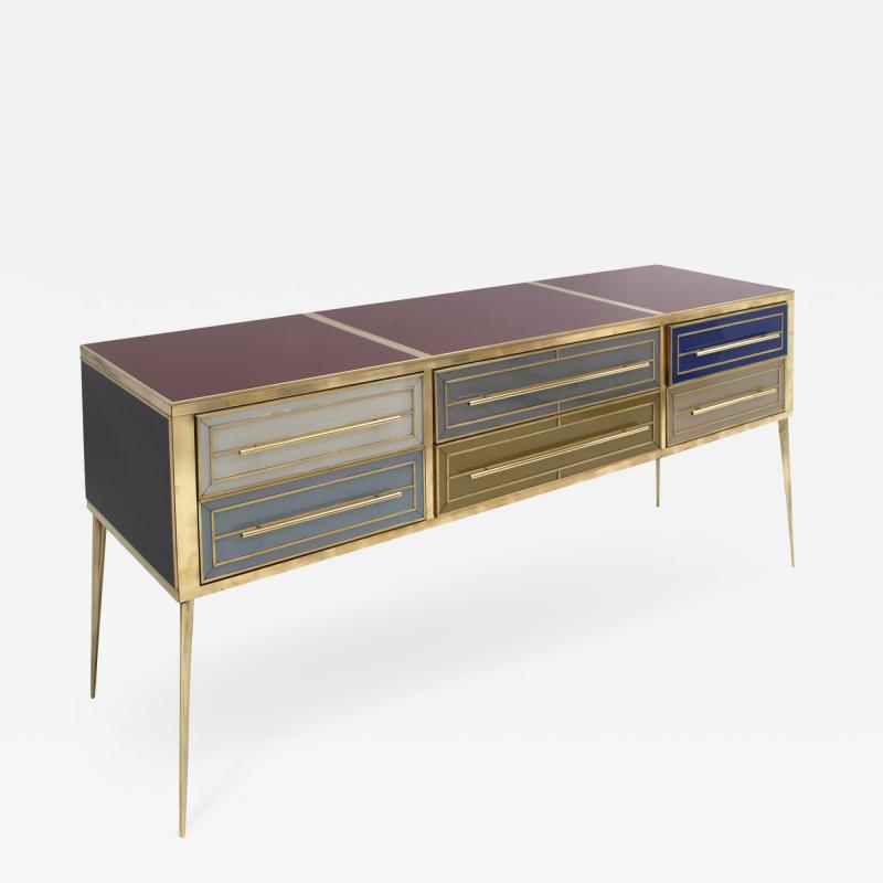 Italian Sideboard Made of Solid Wood and Covered with Colored Glass 1950s