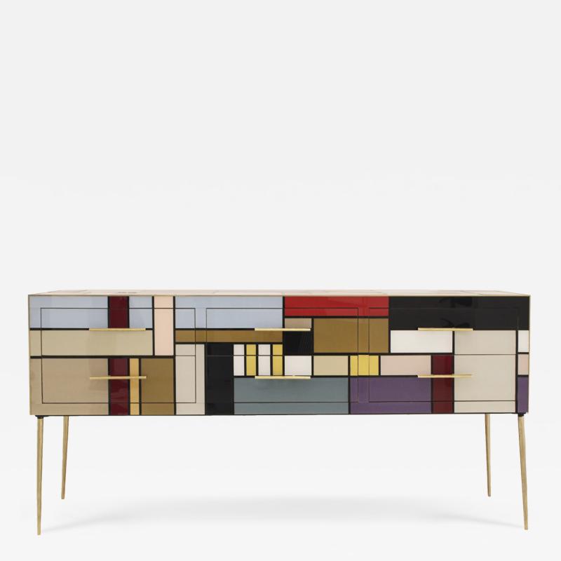 Italian Sideboard Made of Solid Wood and Covered with Colored Glass 1950s