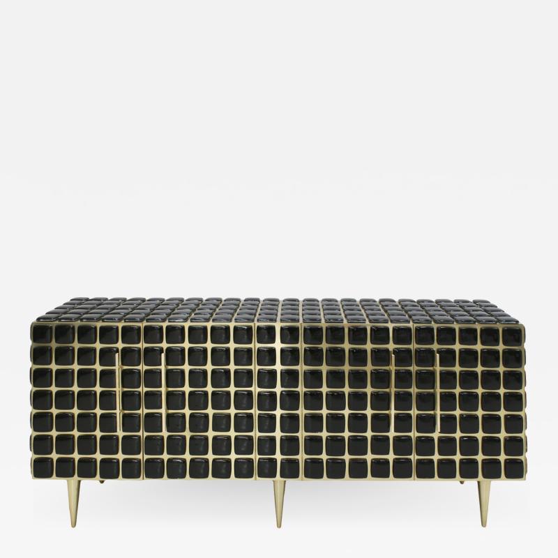 Italian Sideboard Made of Wood Brass Decorated With Black Murano Glass Mosaics