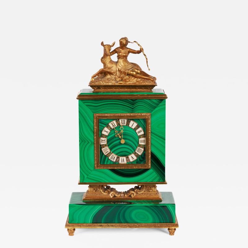 Italian Silver Gilt and Malachite Desk Clock with Diana the Huntress C 1960