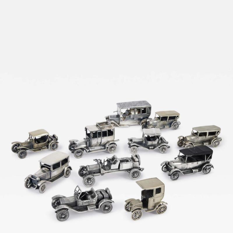 Italian Silver Set of Rare and High Quality 11 Miniature Cars Automobiles