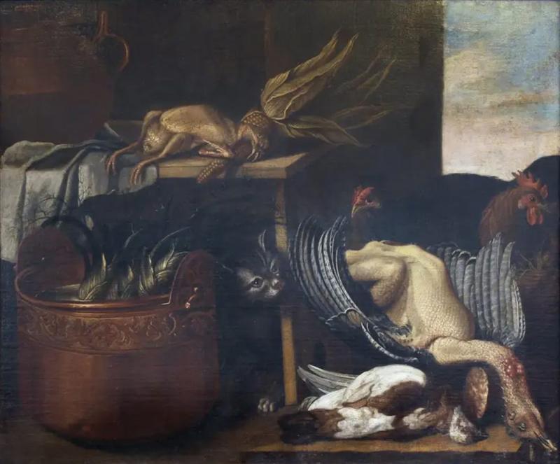 Italian Still Life Painting of a Cat with Game