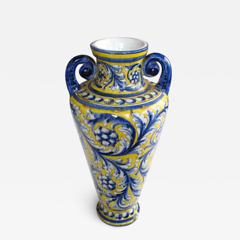 Italian Tin Glazed Earthenware Polychrome Majolica Double Handled Vase