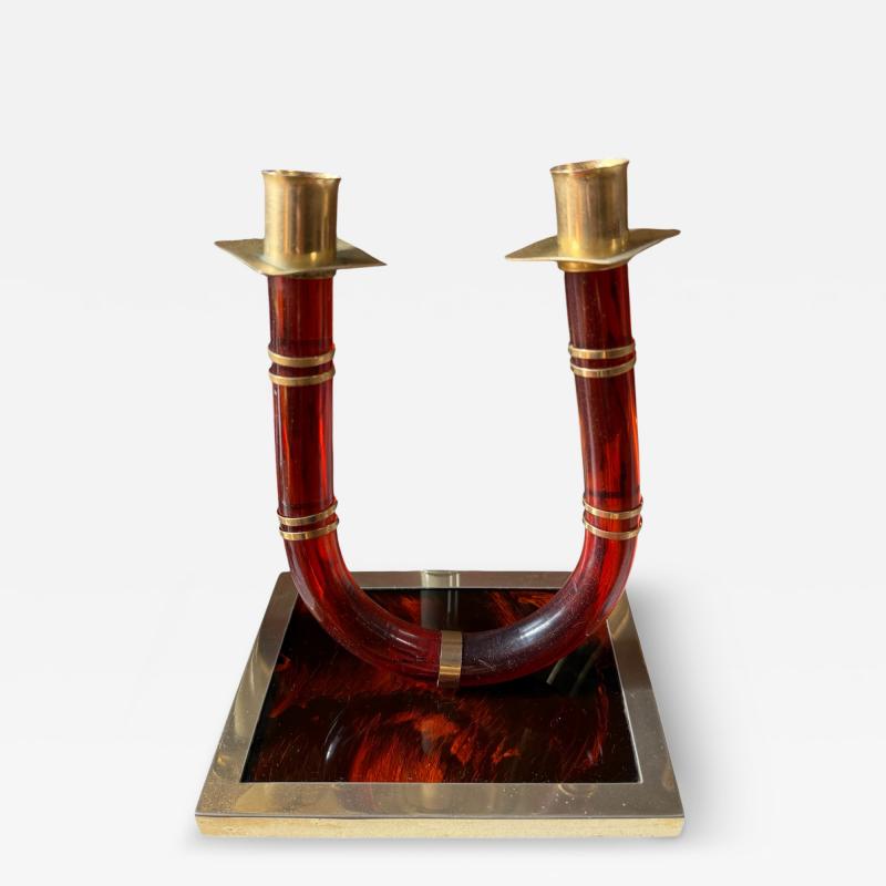 Italian Tortoiseshell Lucite and Brass Double Candlestick 1970s
