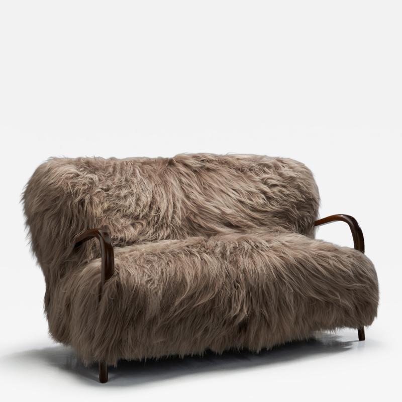 Italian Two Seater Sofa with Longhair Sheepskin Italy ca 1940s