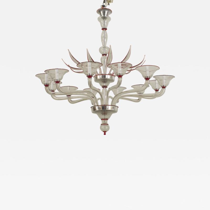 Italian Venetian Murano 1940s style Clear Glass and Red Trimmed Chandelier