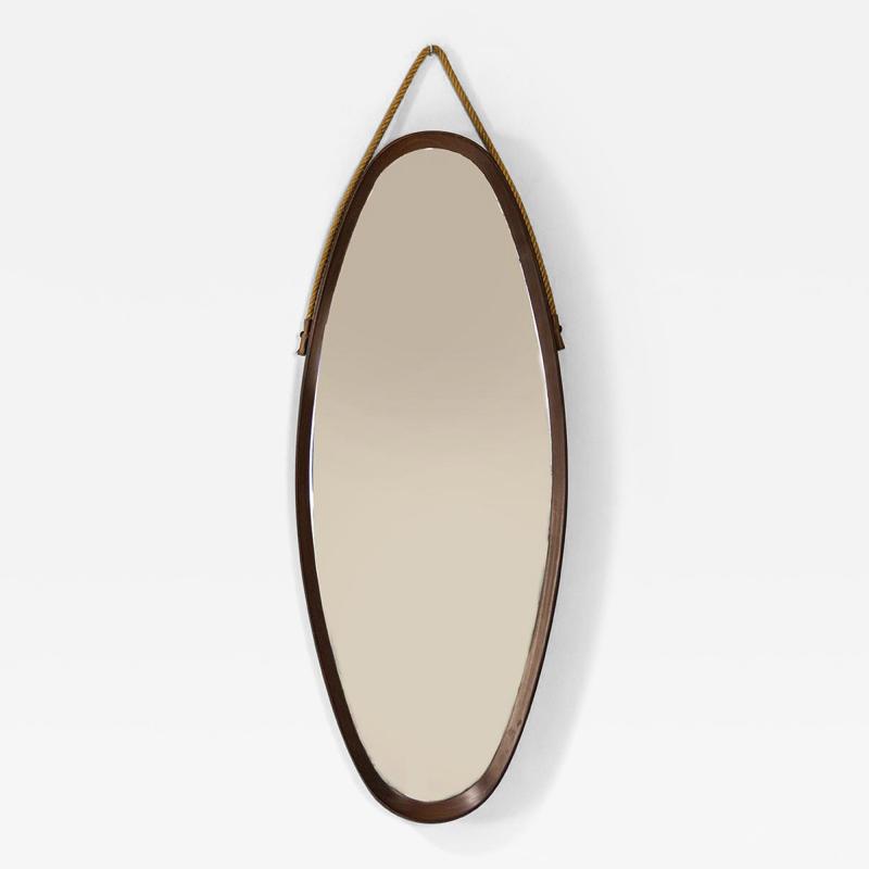 Italian Vintage Oval Mirror with Stained Teak Frame 1960s