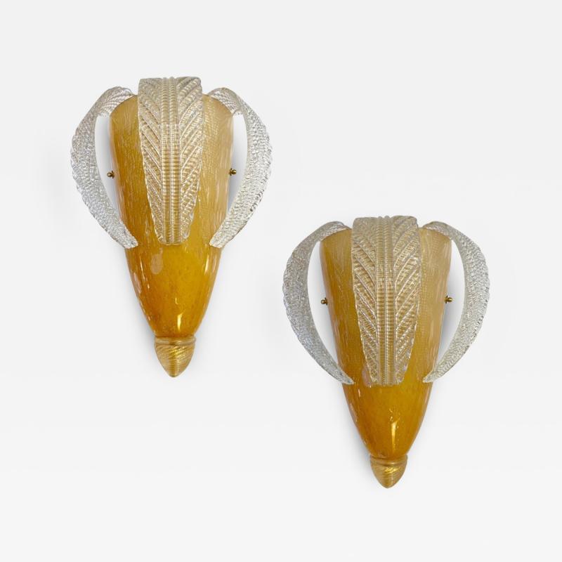 Italian Vintage Pair of Sconces in Amber Gold Glass with Hanging Crystal Leaves