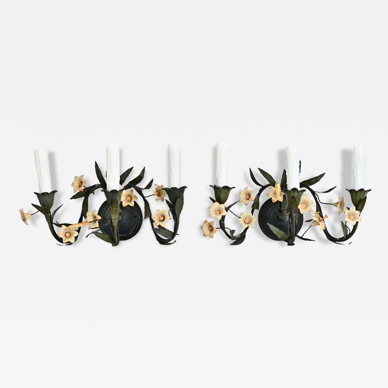 Italian Vintage Pair of Tole Floral Wall Sconces