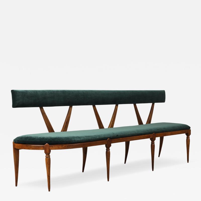 Italian Walnut Carved Settee Bench with Velvet Seat circa 1950