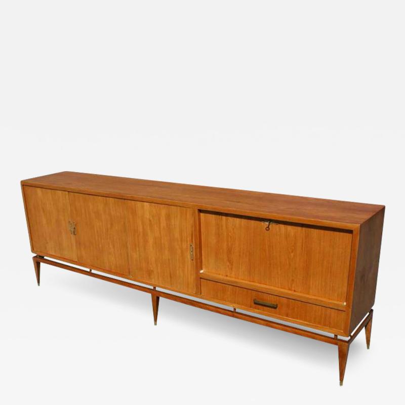 Italian Walnut and Brass Buffet Sideboard With Bar