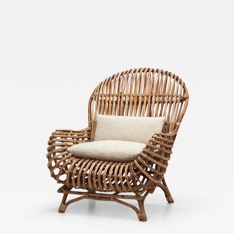 Italian Wicker Armchair with Upholstered Seat Cushion Italy 1960s