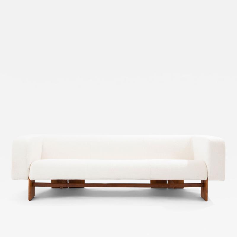 Italian brutalist sofa solid walnut and white chenille velvet 1960s